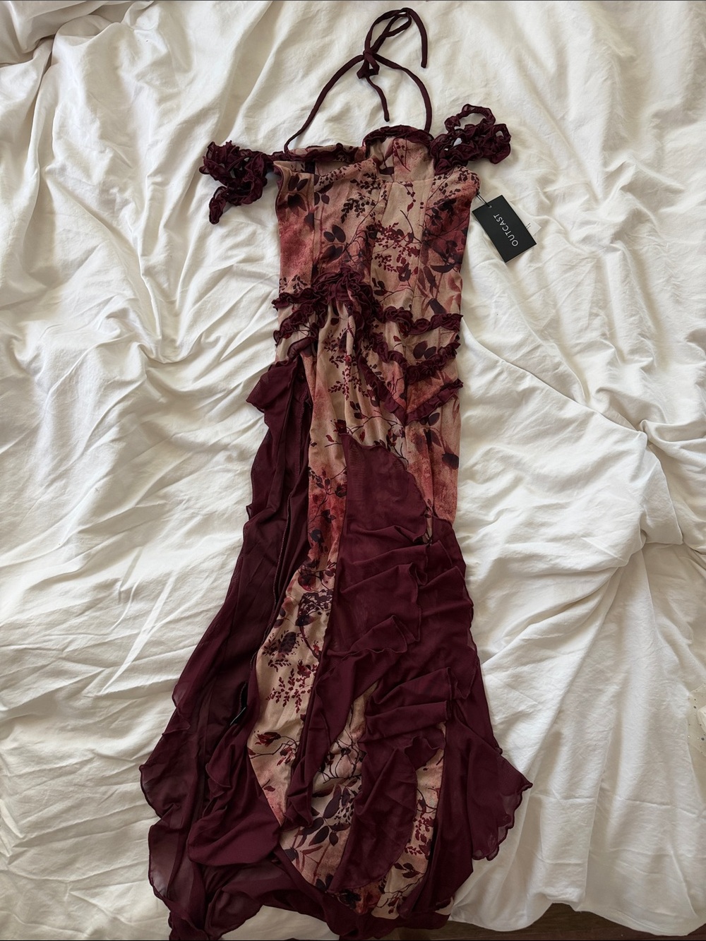 Romantic Burgundy Floral Ruffle Maxi Dress